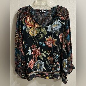 John Mark Blouse Top Size 2X Bohemian Peasant Colorful Floral Smocked Feminine